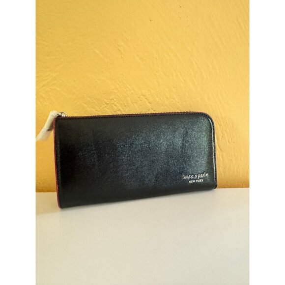 KATE SPADE NY Devin glitter edge leather women's zip around large wallet - Black - Picture 2 of 11